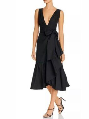 Rebecca Taylor Black Taffeta Wrap Dress w/ Ruffle Hem | Size 6 | NWT